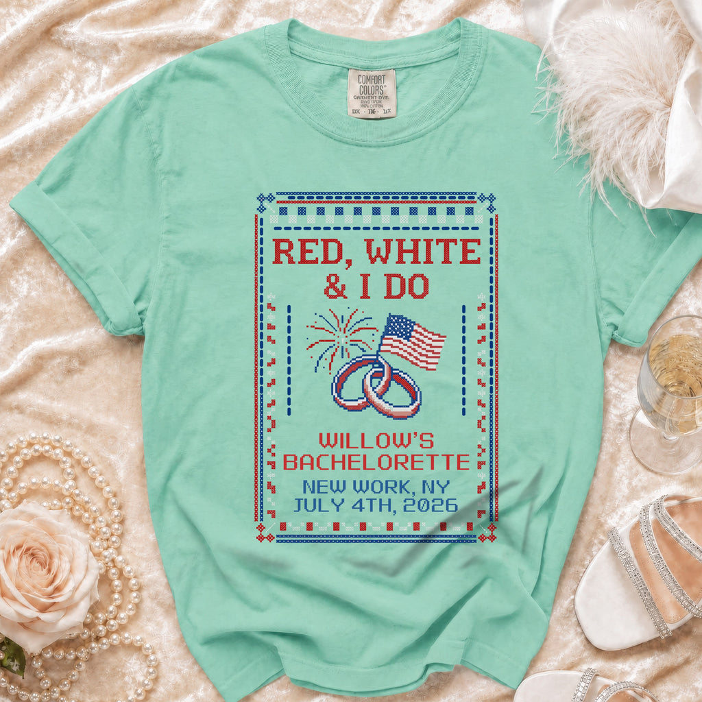 Mint green t-shirt with "Red, White & I Do" patriotic bachelorette design.