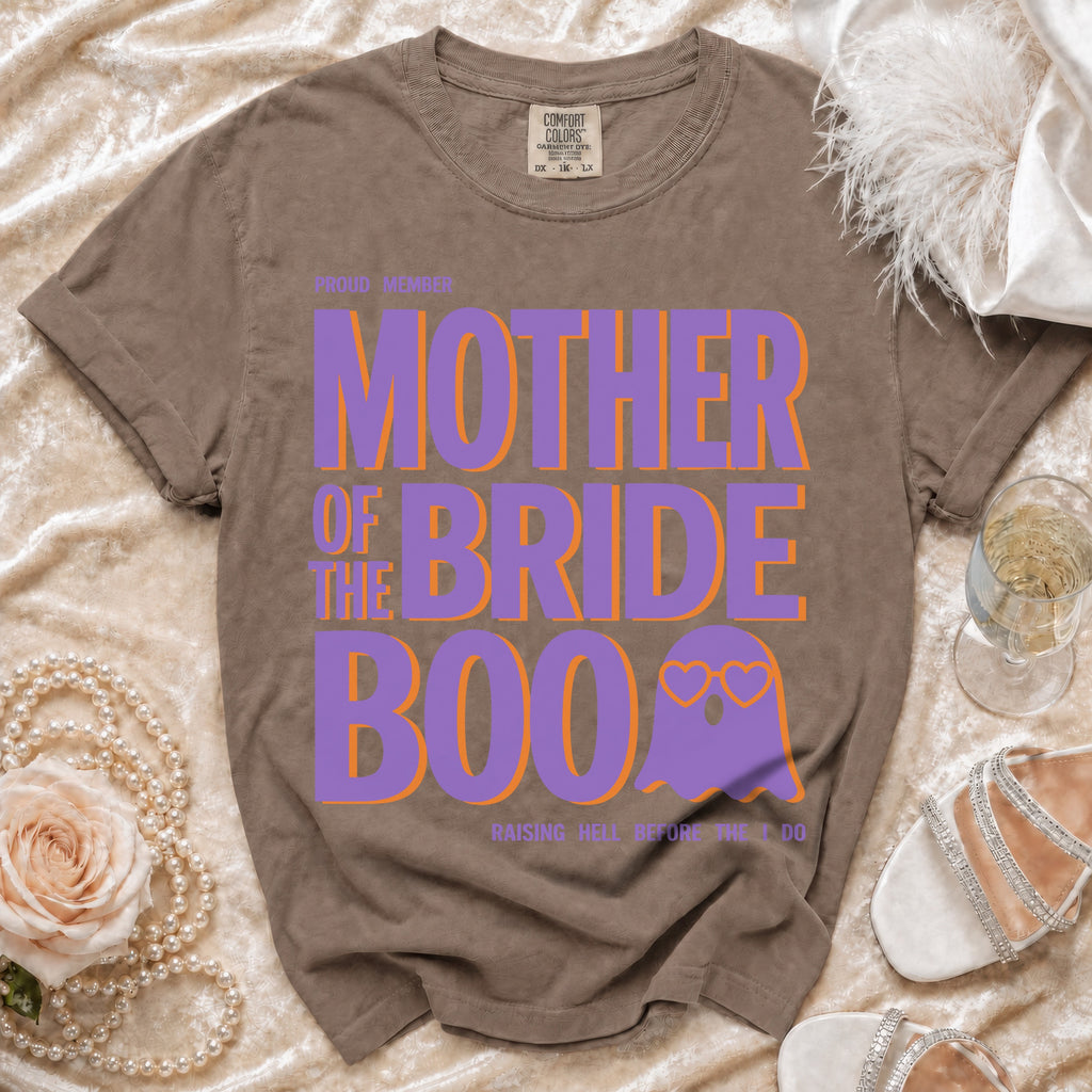 Brown t-shirt with "Proud Member Mother of the Bride Boo" text and ghost graphic.