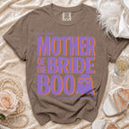 Brown t-shirt with "Proud Member Mother of the Bride Boo" text and ghost graphic.