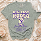 T-shirt with "Her Last Rodeo" design, cowboy boot, and "Jennifer's Bach Nashville, TN Summer 2026".