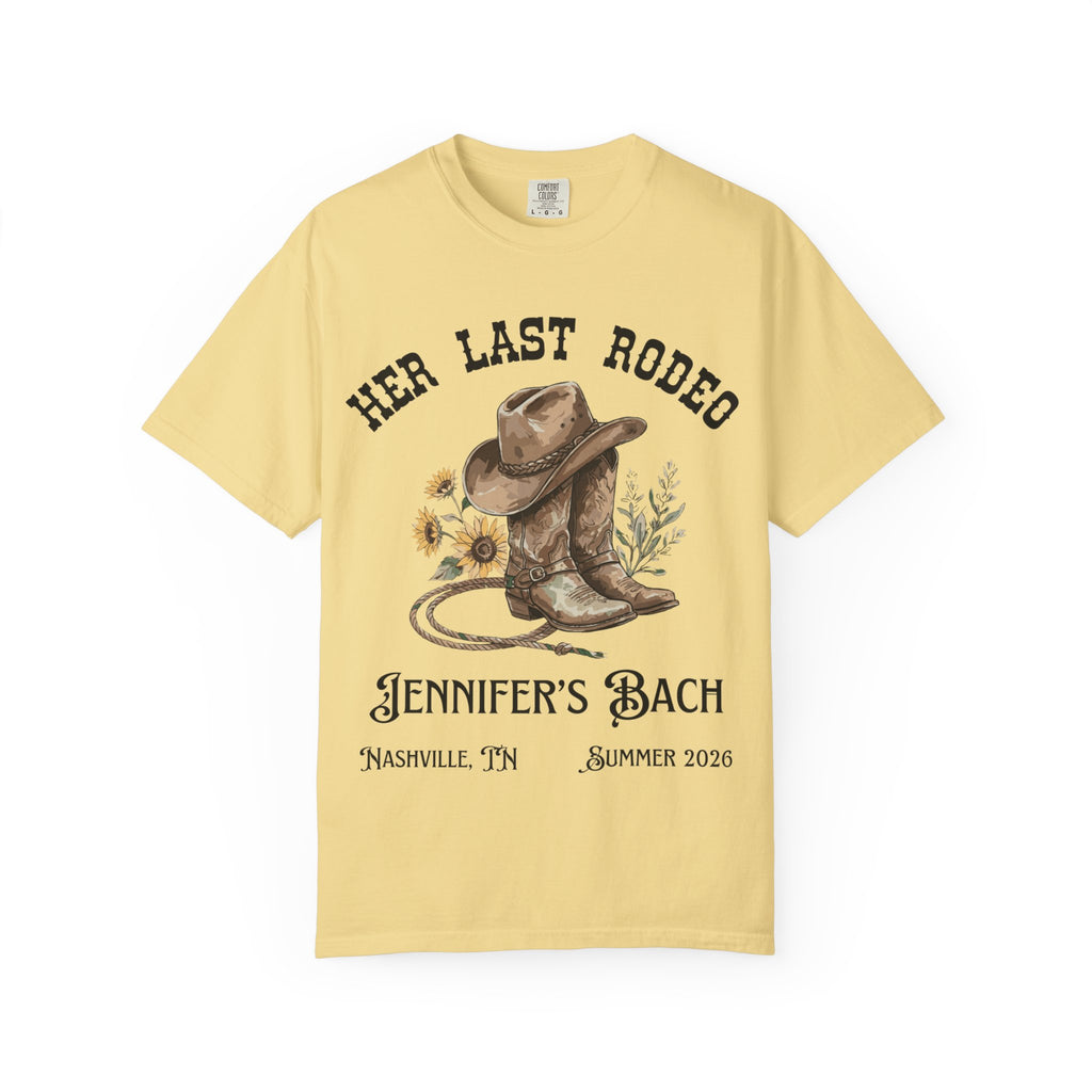 T-shirt with cowboy boots, hat, lasso, and text "Her Last Rodeo Jennifer's Bach Nashville, TN Summer 2026".