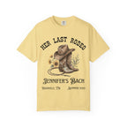 T-shirt with cowboy boots, hat, lasso, and text "Her Last Rodeo Jennifer's Bach Nashville, TN Summer 2026".