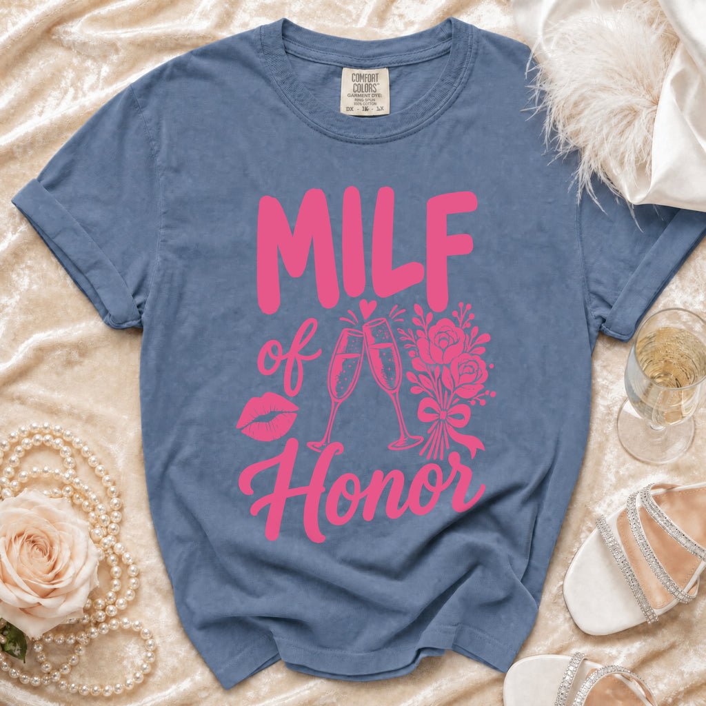 Blue t-shirt with pink "MILF of Honor" text, lips, and champagne glasses.