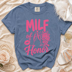 Blue t-shirt with pink "MILF of Honor" text, lips, and champagne glasses.