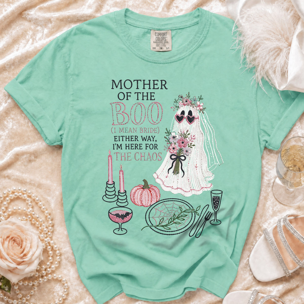 Mint green t-shirt with "Mother of the Boo" ghost bride graphic.