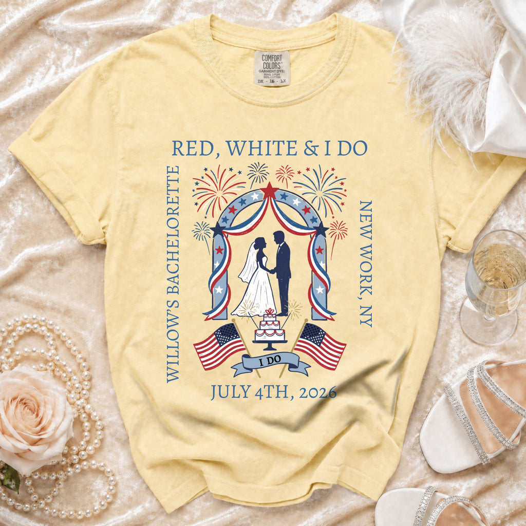 Yellow t-shirt with "Red, White & I Do" text and wedding graphic.