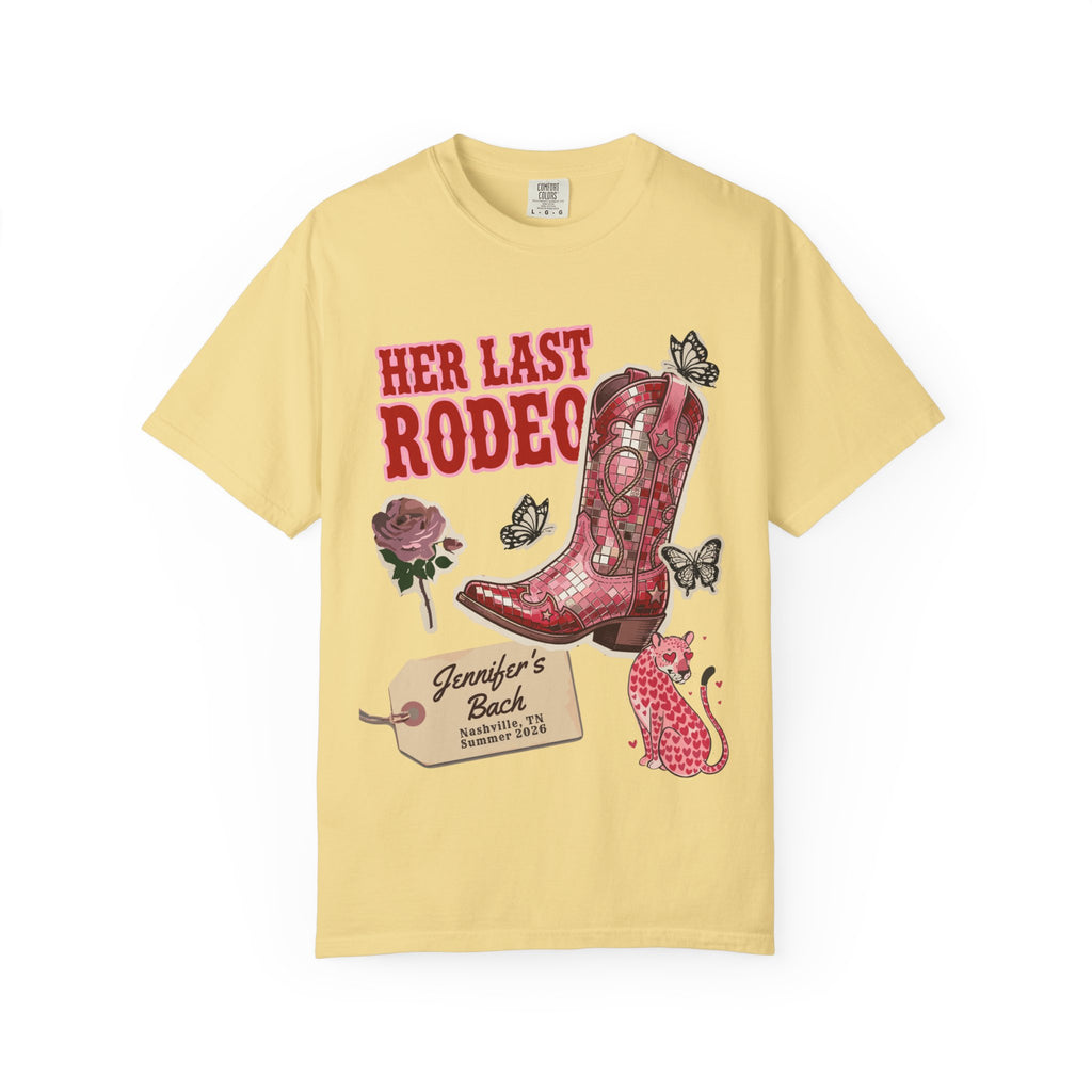 Yellow t-shirt with "Her Last Rodeo" and pink cowboy boot design.