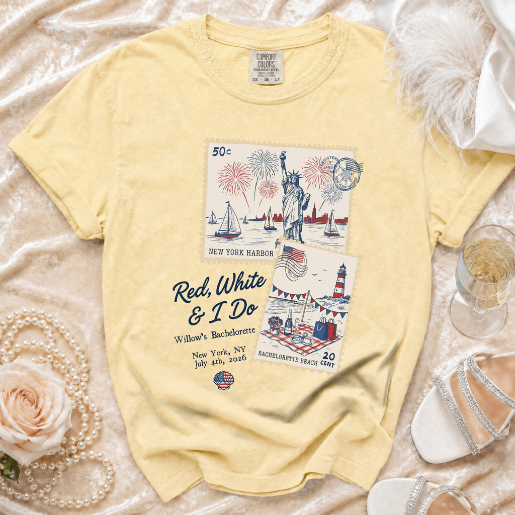Yellow t-shirt with "Red, White & I Do" text and patriotic New York Harbor graphic.