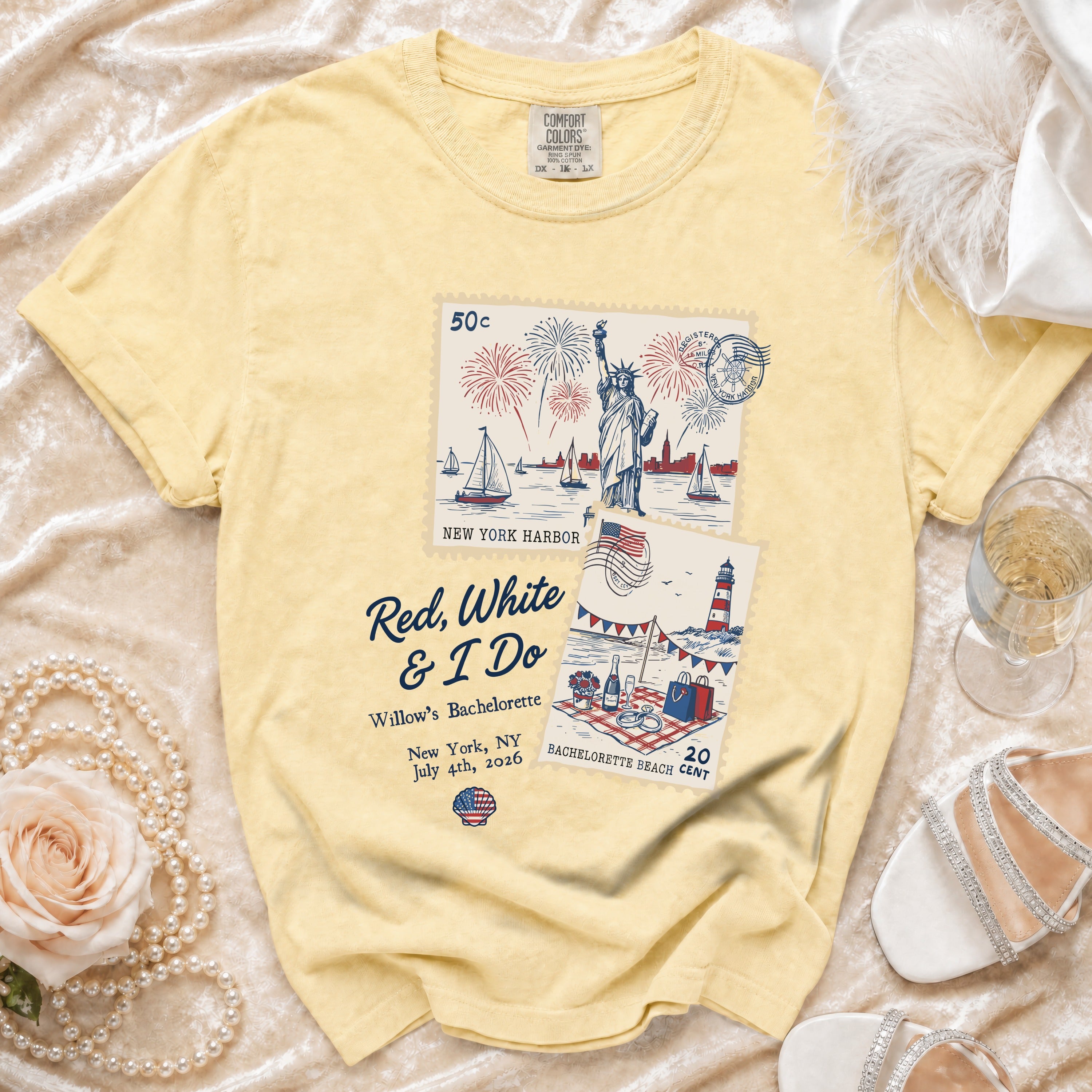 Yellow t-shirt with "Red, White & I Do" text and patriotic New York Harbor graphic.