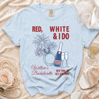 Light blue t-shirt for "Willow's Bachelorette" party with fireworks, rings, and champagne glasses.