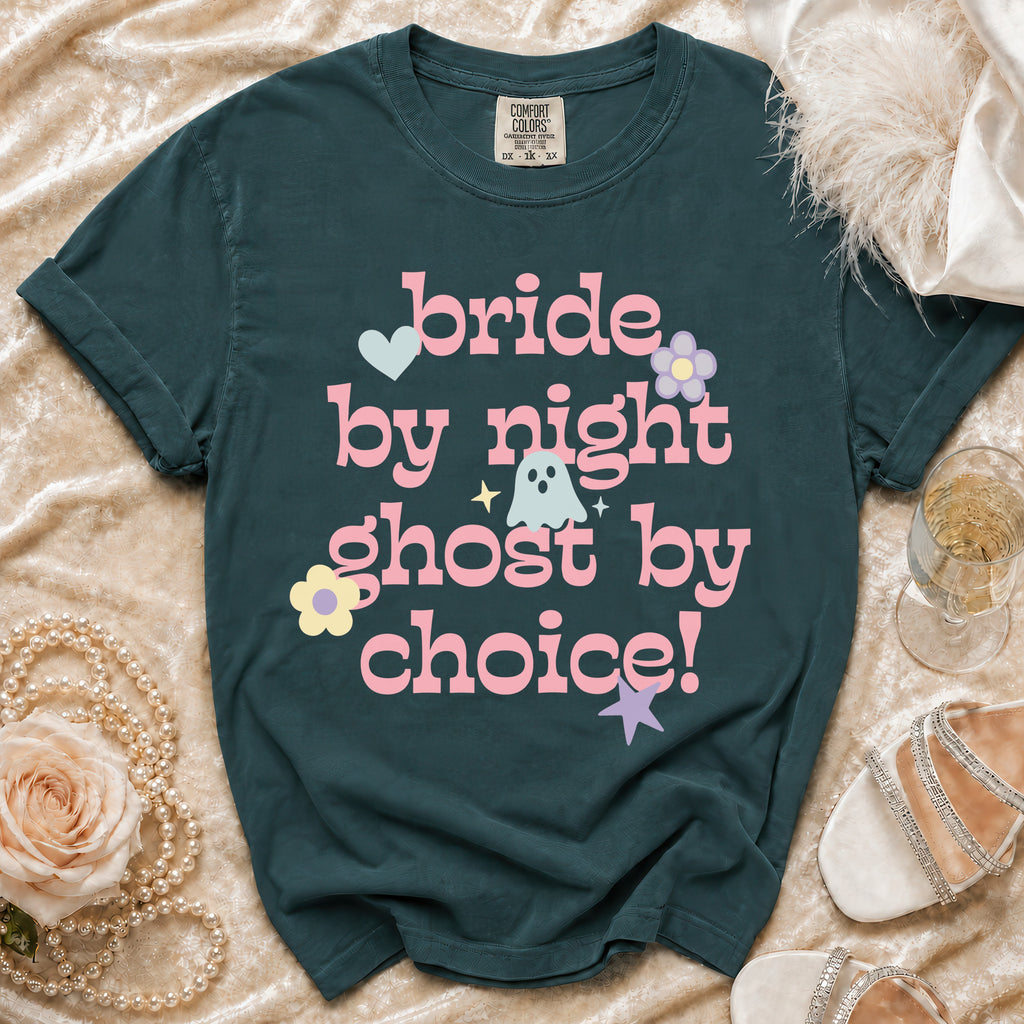 Dark teal t-shirt with pink text "bride by night ghost by choice!" and cute graphics.