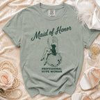 T-shirt with "Maid of Honor Professional Hype Woman" and retro illustration.