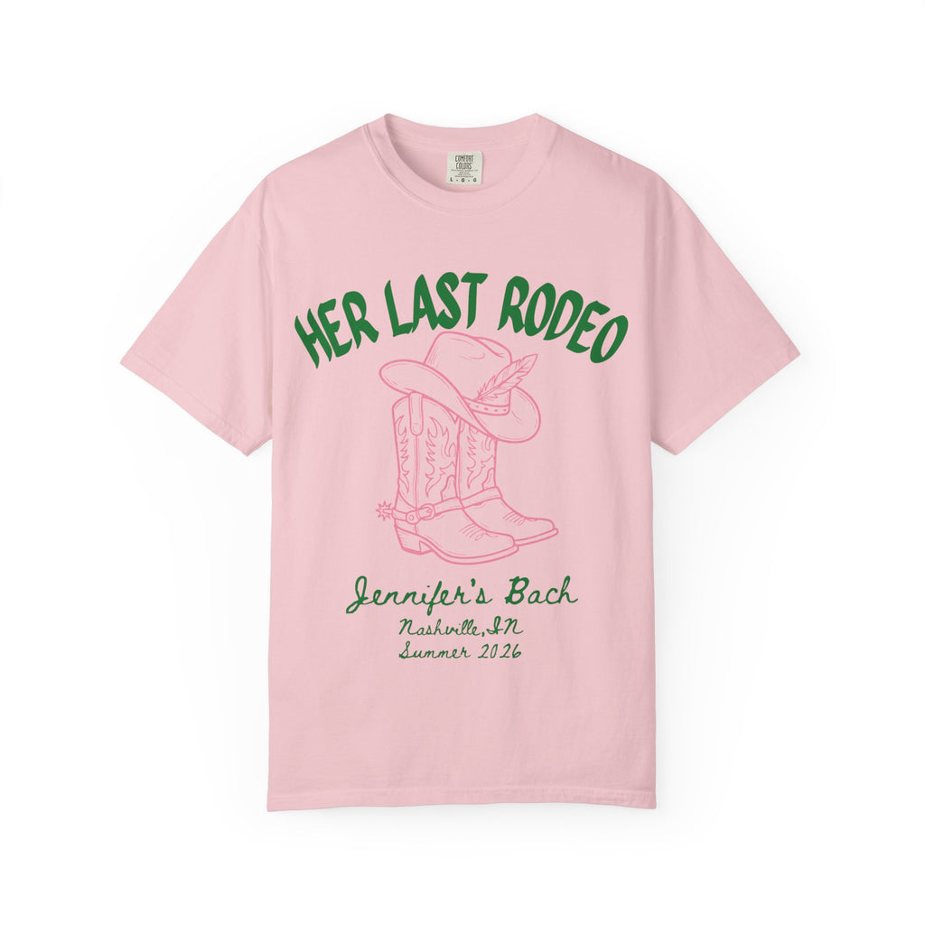 Pink t-shirt with cowboy boots and "Her Last Rodeo Jennifer's Bach Nashville, TN Summer 2026".