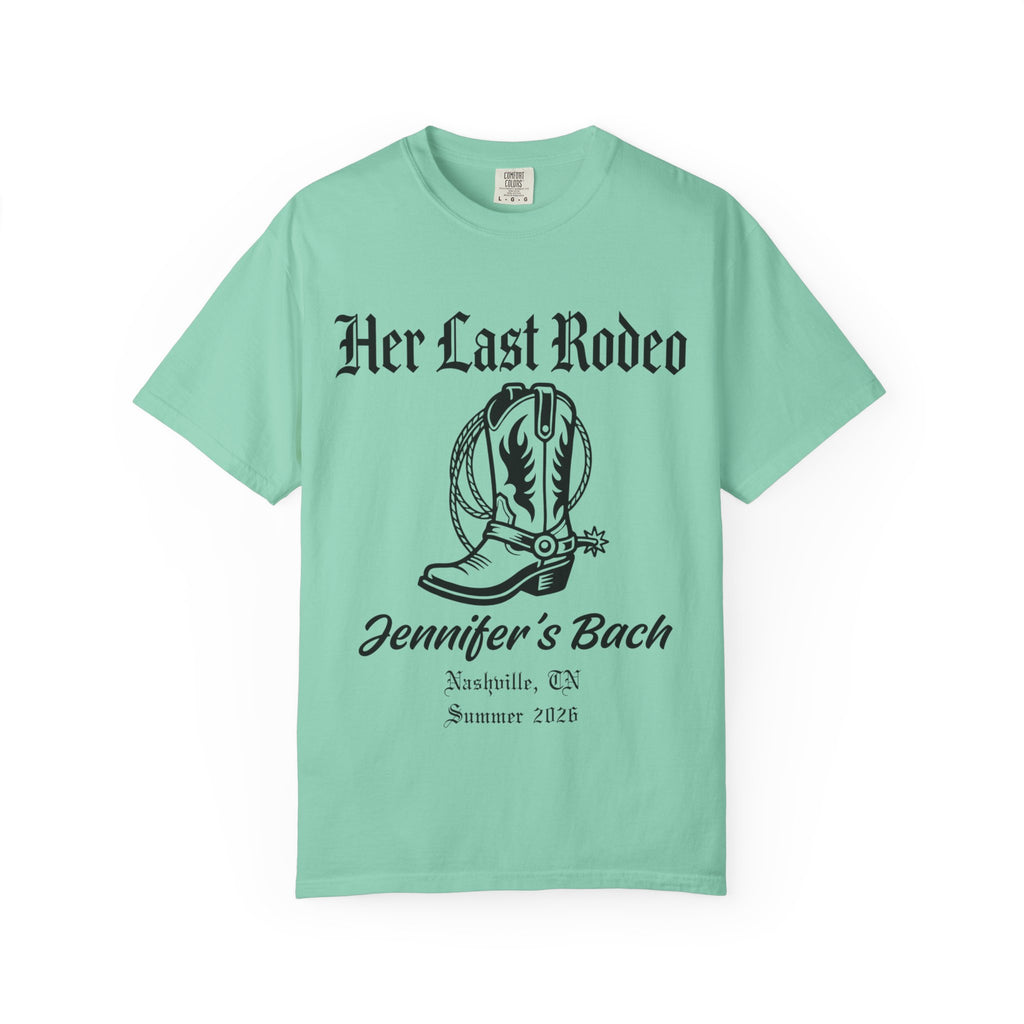 Mint t-shirt with "Her Last Rodeo" and cowboy boot design for Jennifer's Bach.