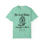 Mint t-shirt with "Her Last Rodeo" and cowboy boot design for Jennifer's Bach.