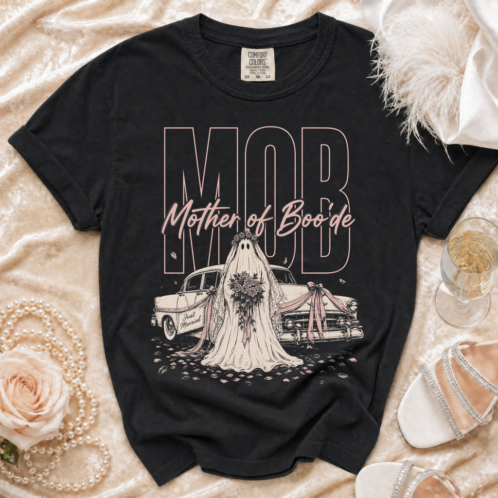 Black t-shirt with "MOB Mother of Boo'de" and ghost bride with car graphic.