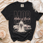 Black t-shirt with "MOB Mother of Boo'de" and ghost bride with car graphic.