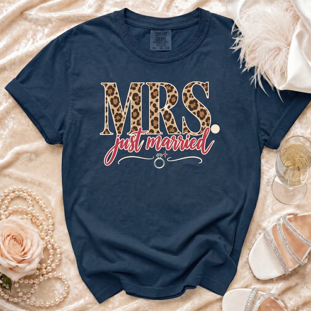 Navy t-shirt with "MRS just married" text and leopard print details.
