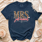 Navy t-shirt with "MRS just married" text and leopard print details.