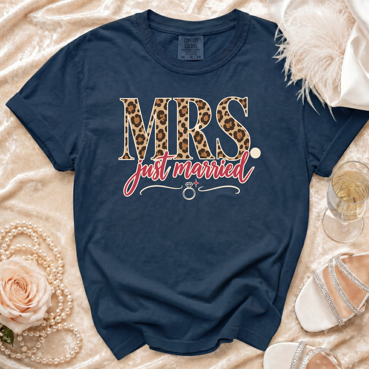Navy t-shirt with "MRS just married" text and leopard print details.