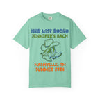 Mint t-shirt with "Her Last Rodeo Jennifer's Bach Nashville, TN Summer 2026" and cowboy boots.