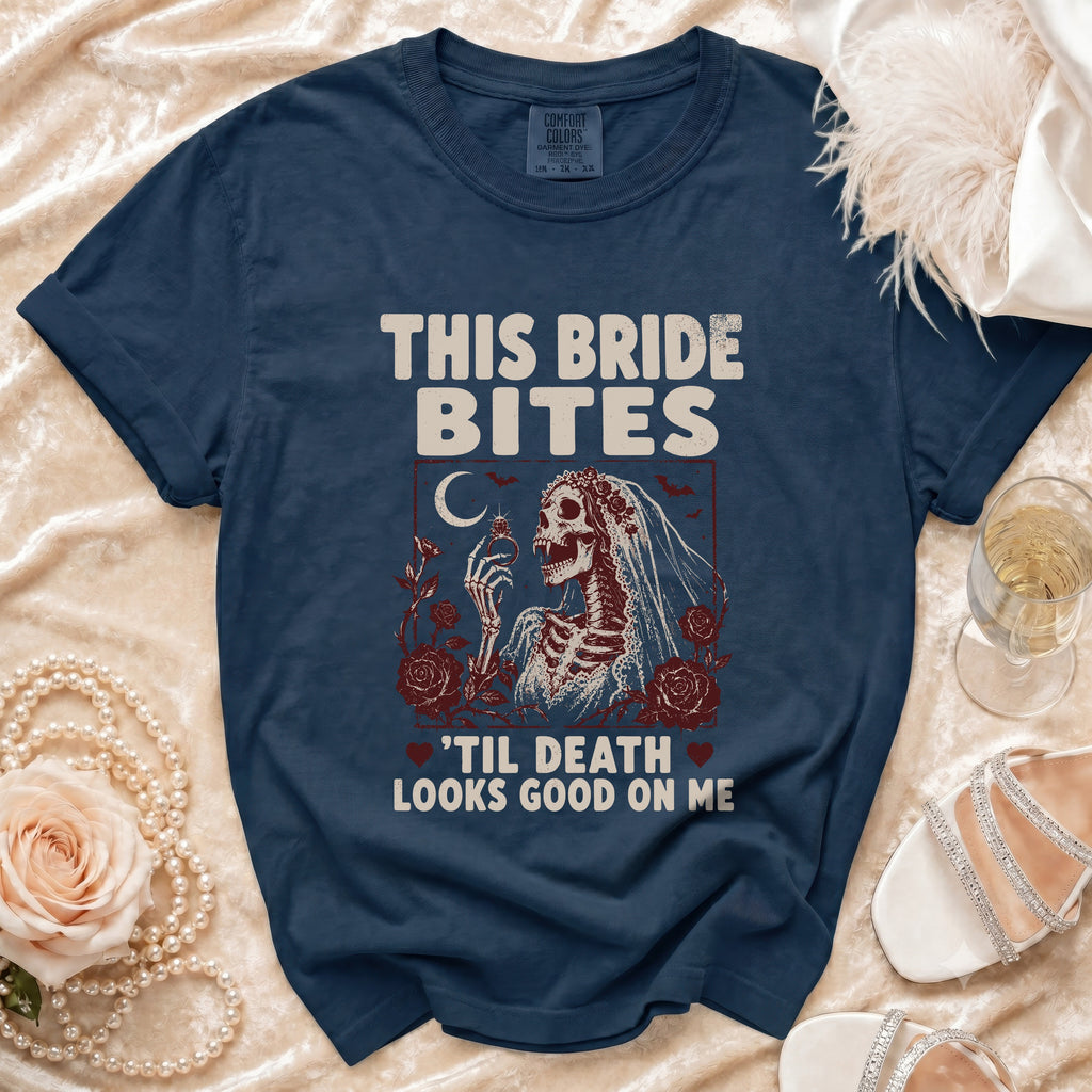 Navy t-shirt with skull bride graphic and text "This Bride Bites 'Til Death Looks Good On Me".