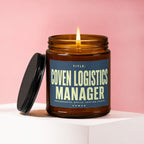 Amber glass candle with lit flame, lid aside, labeled "Coven Logistics Manager".