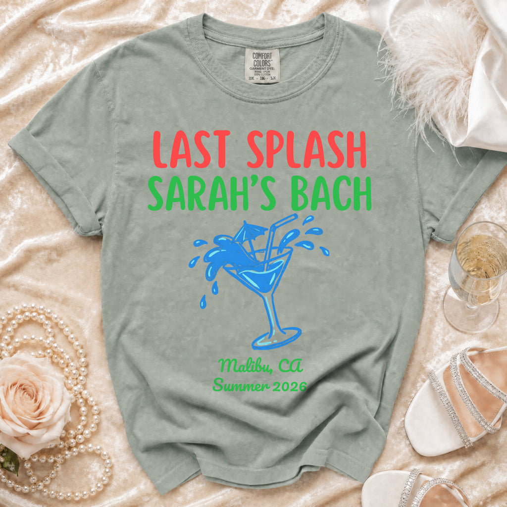 Green t-shirt with "Last Splash Sarah's Bach" text and cocktail graphic.