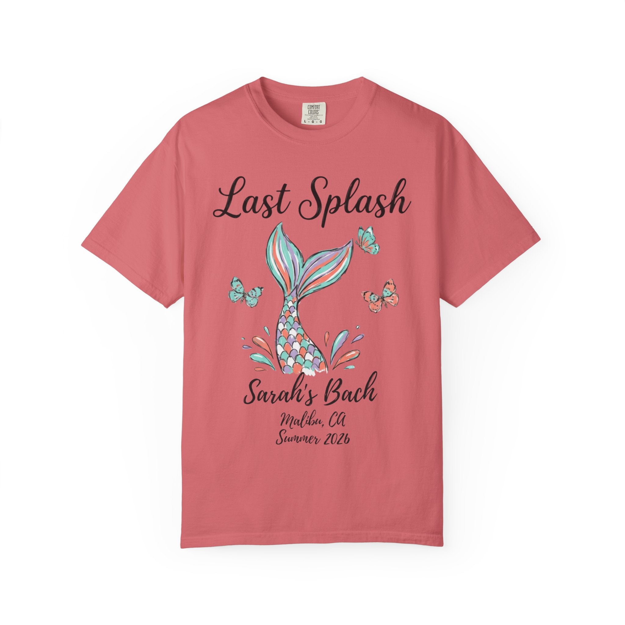 "Last Splash" text above a mermaid tail and butterflies, for Sarah's Bach Summer 2026.