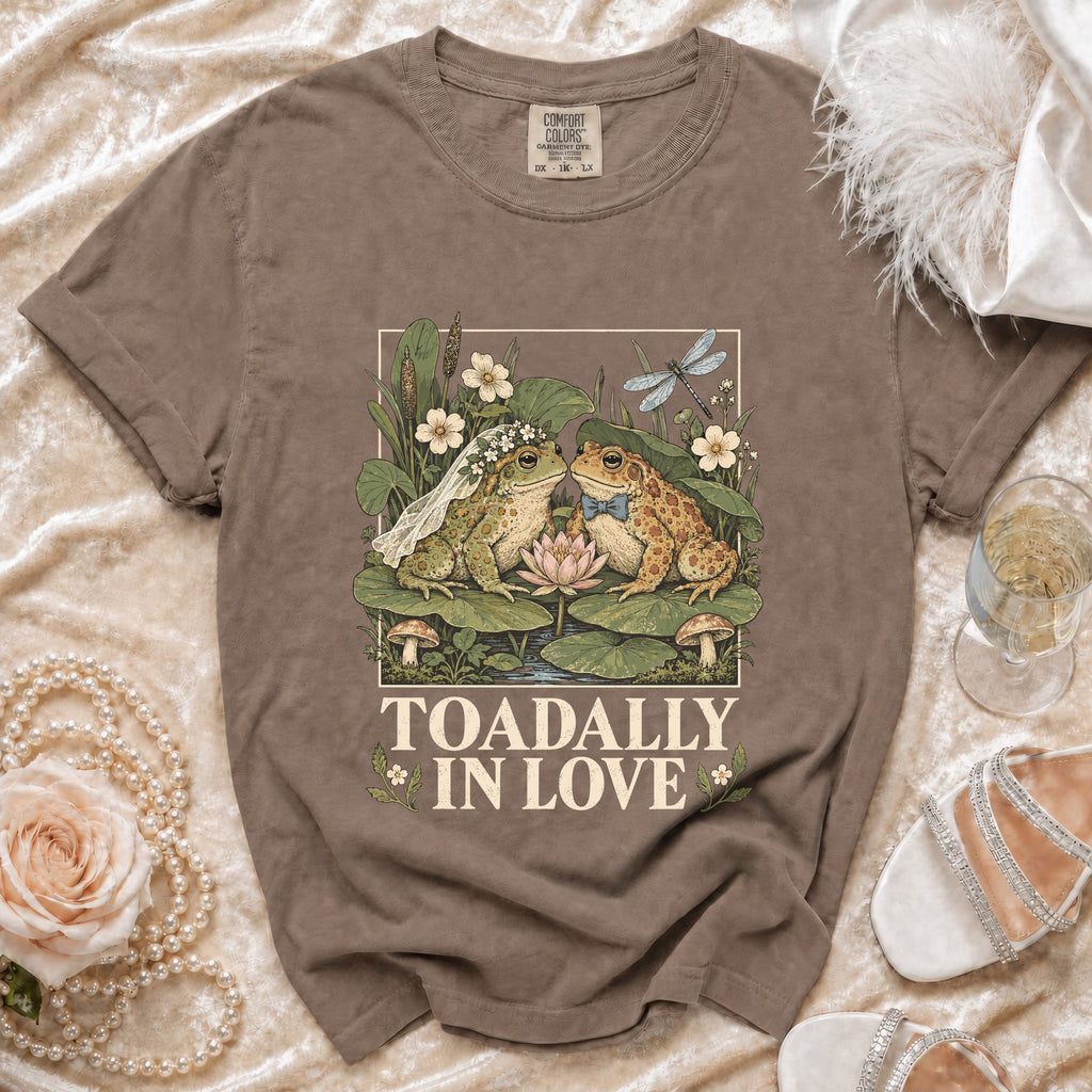 Brown t-shirt with "Toadally In Love" graphic featuring two frogs and wedding veil.