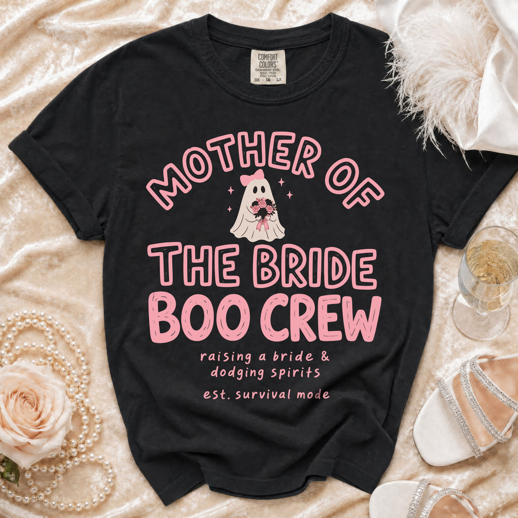 Black t-shirt with pink text: "Mother of the Bride Boo Crew" and a ghost graphic.