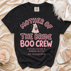 Black t-shirt with pink text: "Mother of the Bride Boo Crew" and a ghost graphic.