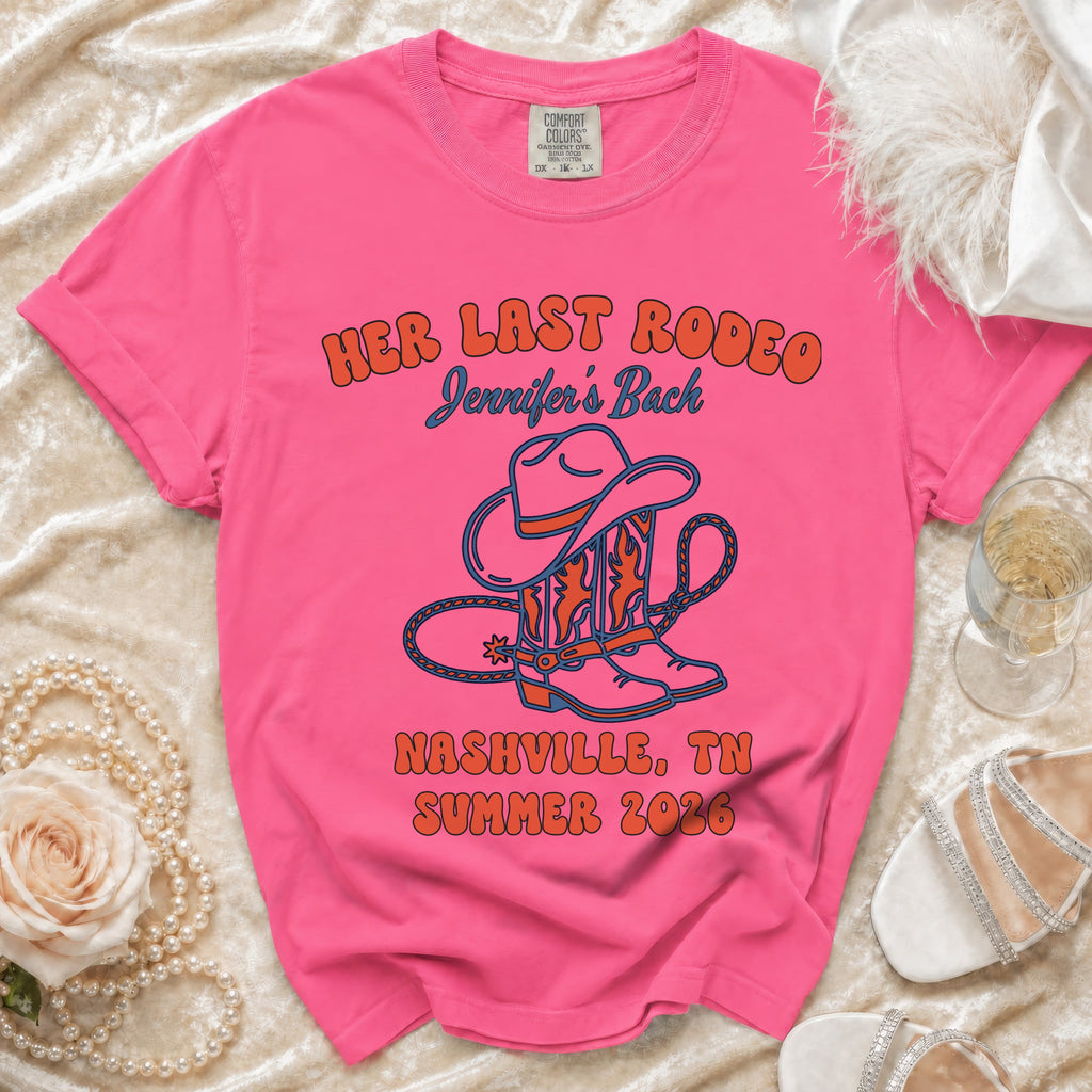 Pink t-shirt with "Her Last Rodeo" and Nashville, TN Summer 2026.