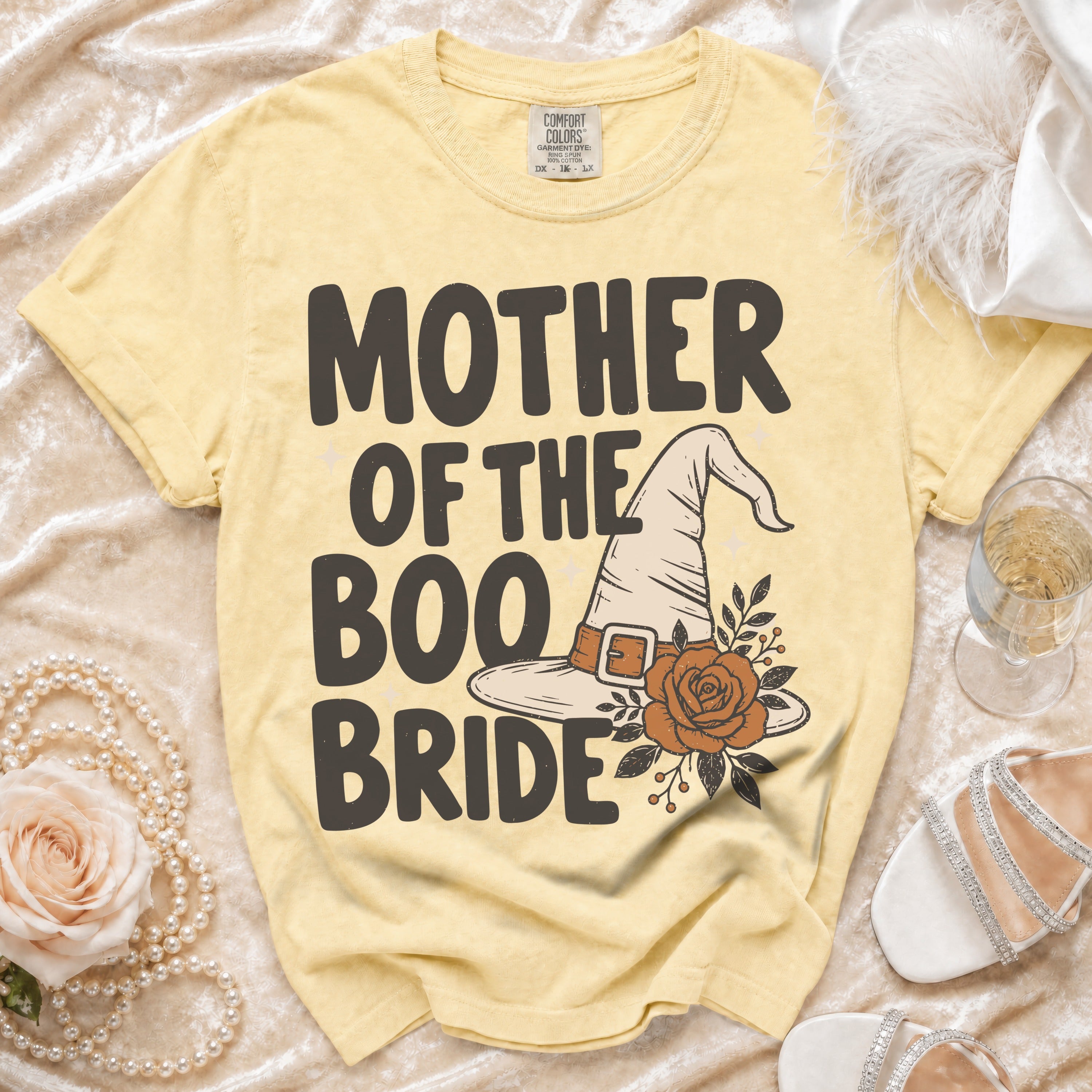 Yellow t-shirt with "Mother of the Boo Bride" text and witch hat graphic.