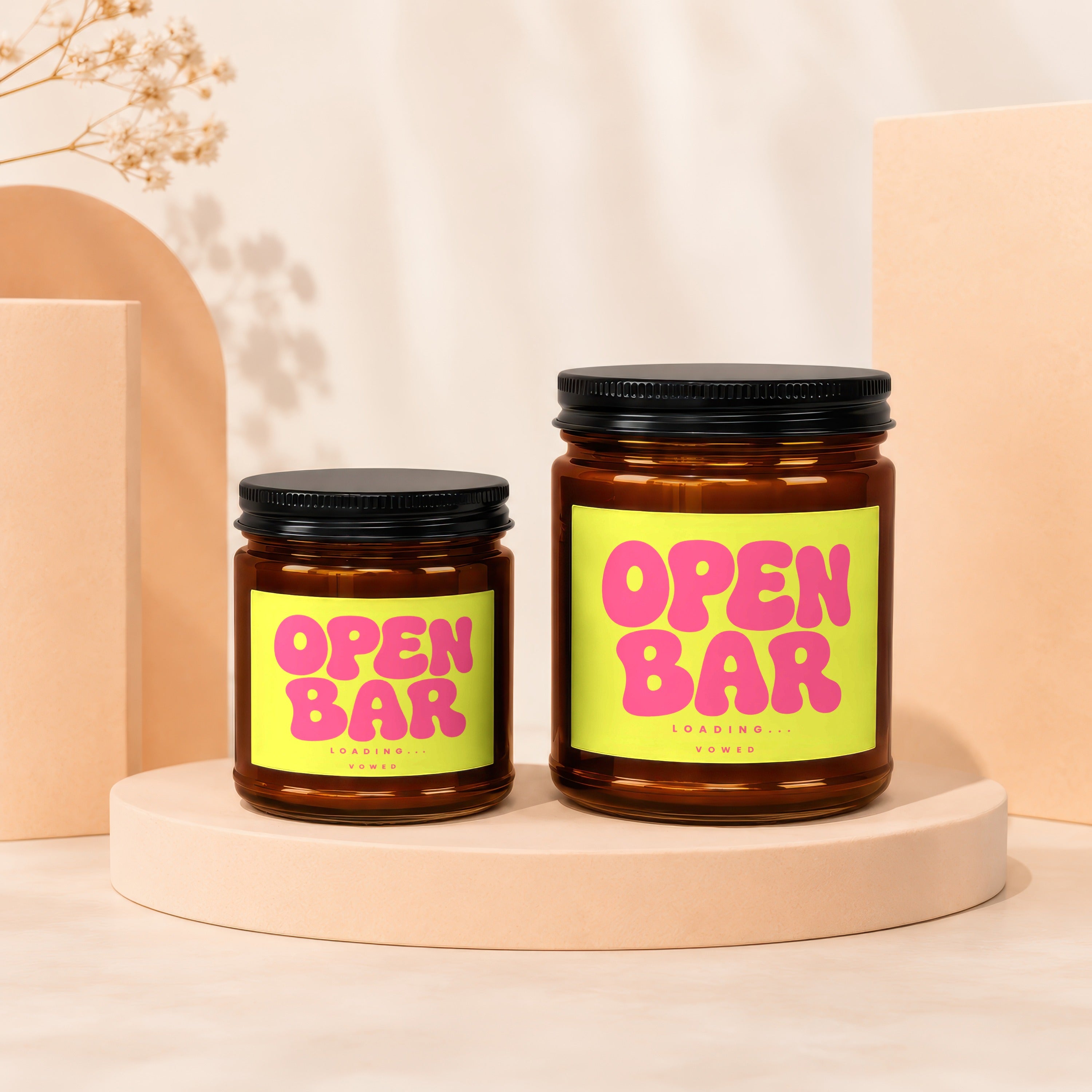Two amber glass jars with black lids, featuring "OPEN BAR" labels.