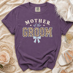 Purple t-shirt with "Mother of the Groom" text and leopard print.