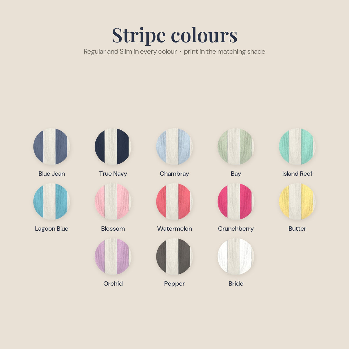 Stripe colour chart for the Last Toast On The Coast can cooler: 12 colours plus the white Bride cooler, same colour names as the crew tees