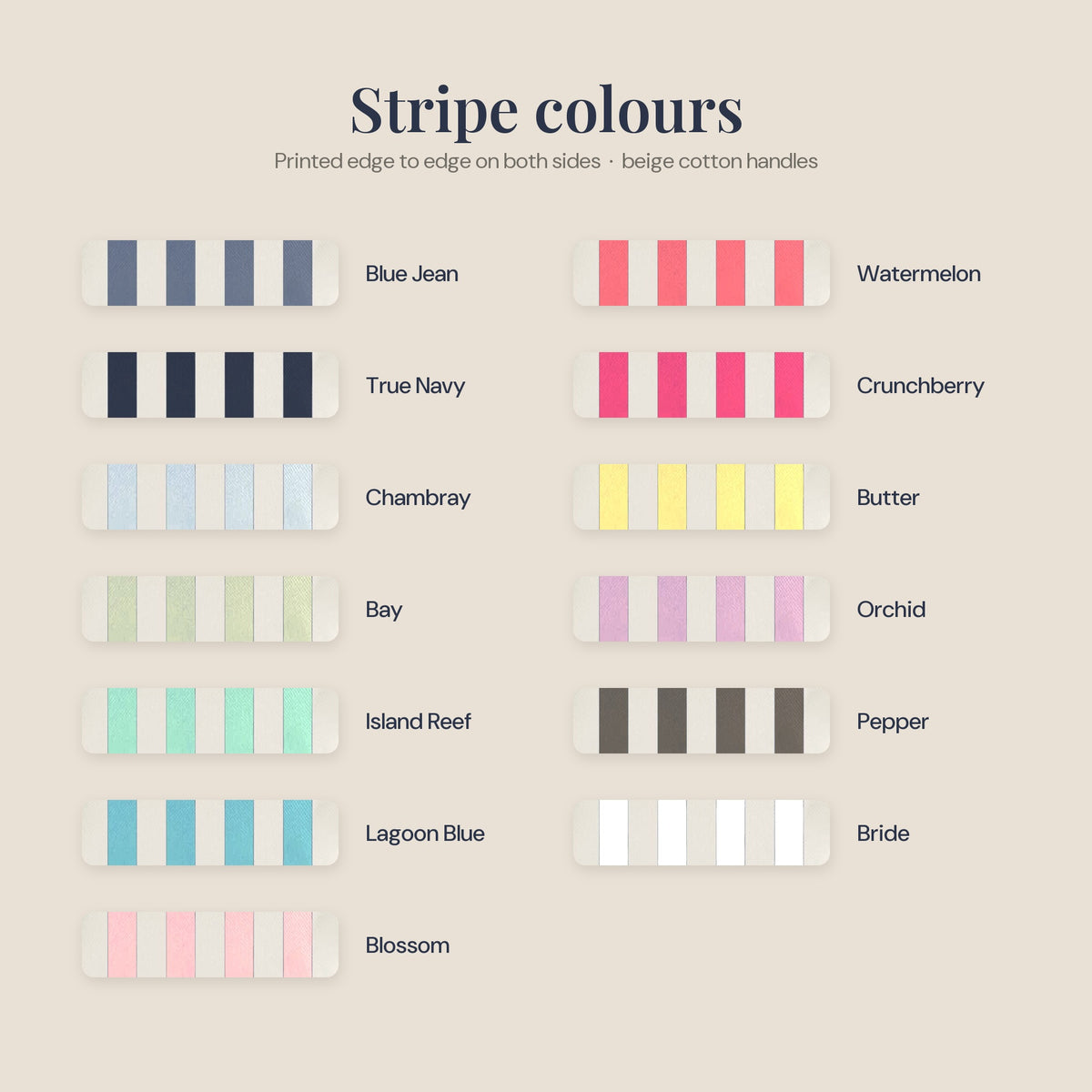 Stripe colour chart for the Last Toast On The Coast tote bag: 12 colours plus the white Bride tote, same colour names as the crew tees