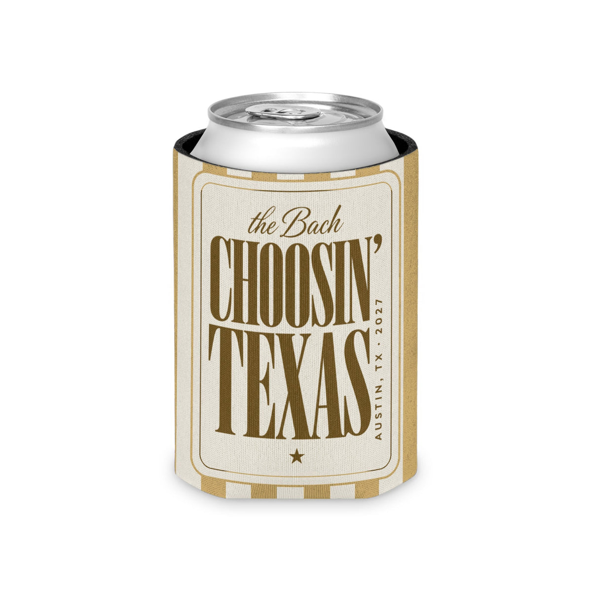 Choosin' Texas striped can cooler, Mustard