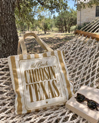 Choosin' Texas striped tote bag on a bachelorette trip with the crew