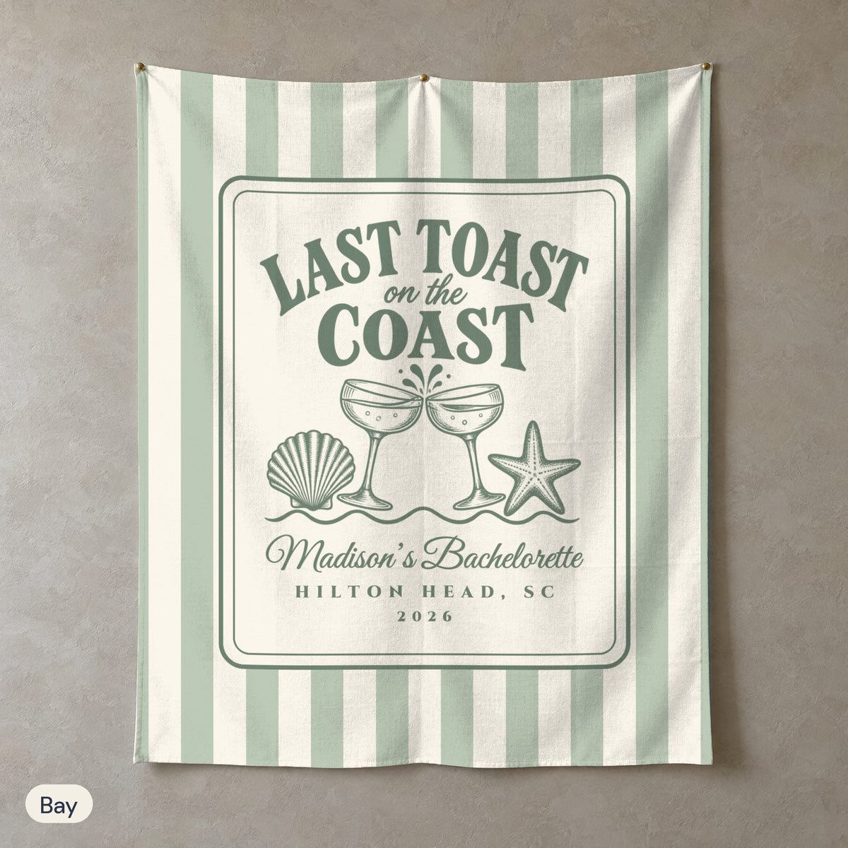 Last Toast On The Coast personalized wall tapestry, Bay stripes, portrait