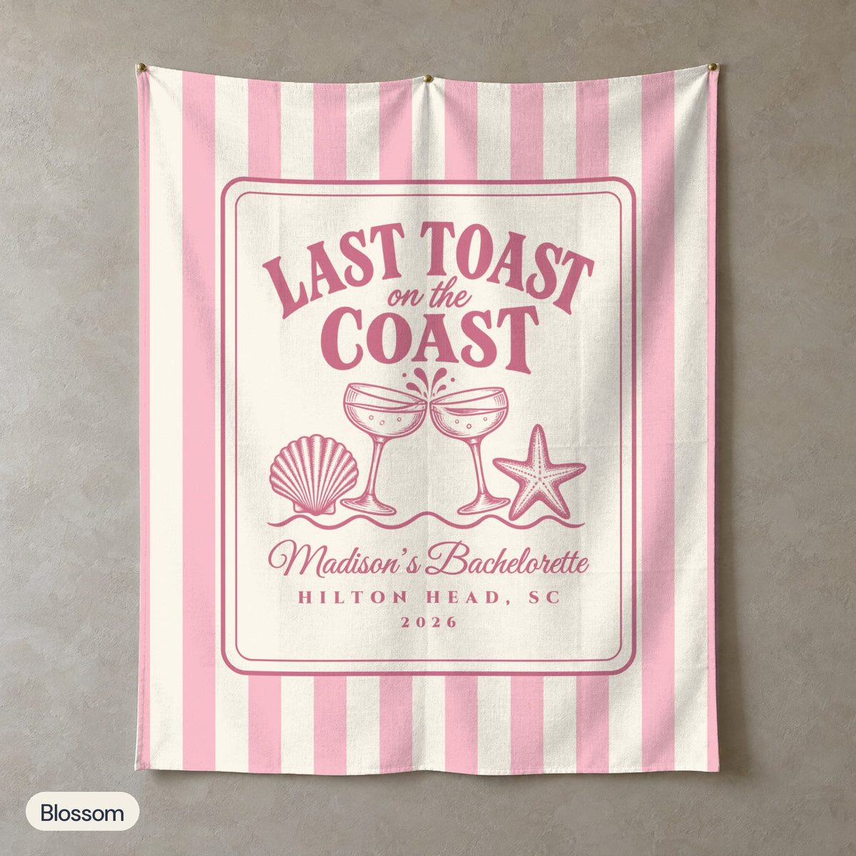 Last Toast On The Coast personalized wall tapestry, Blossom stripes, portrait