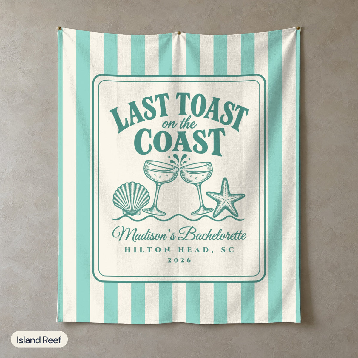 Last Toast On The Coast personalized wall tapestry, Island Reef stripes, portrait