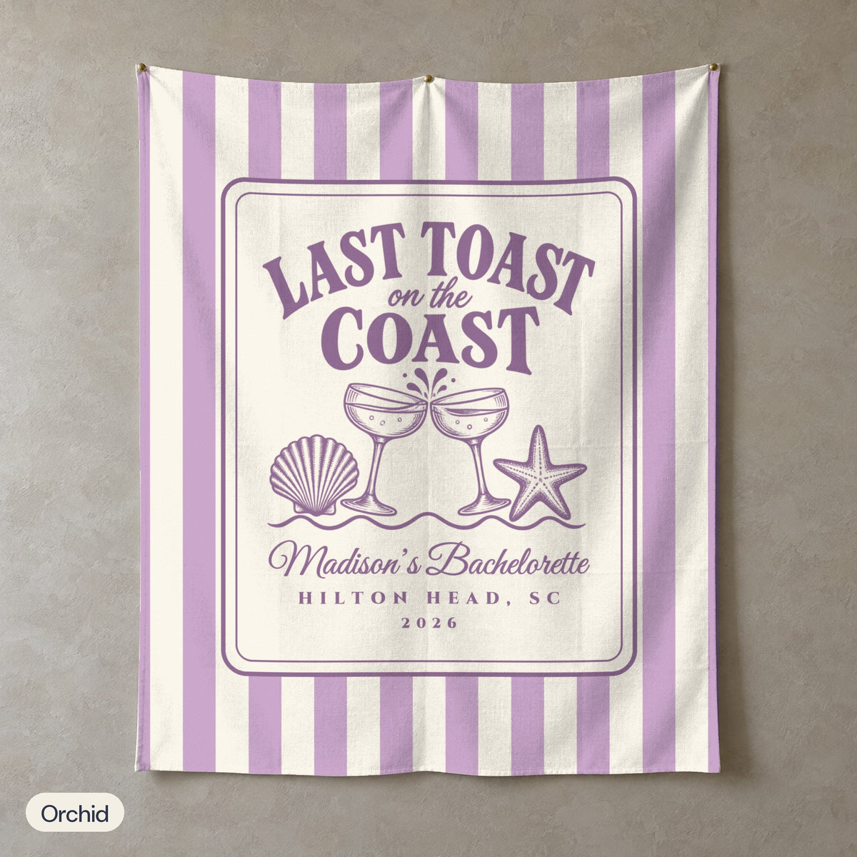 Last Toast On The Coast personalized wall tapestry, Orchid stripes, portrait