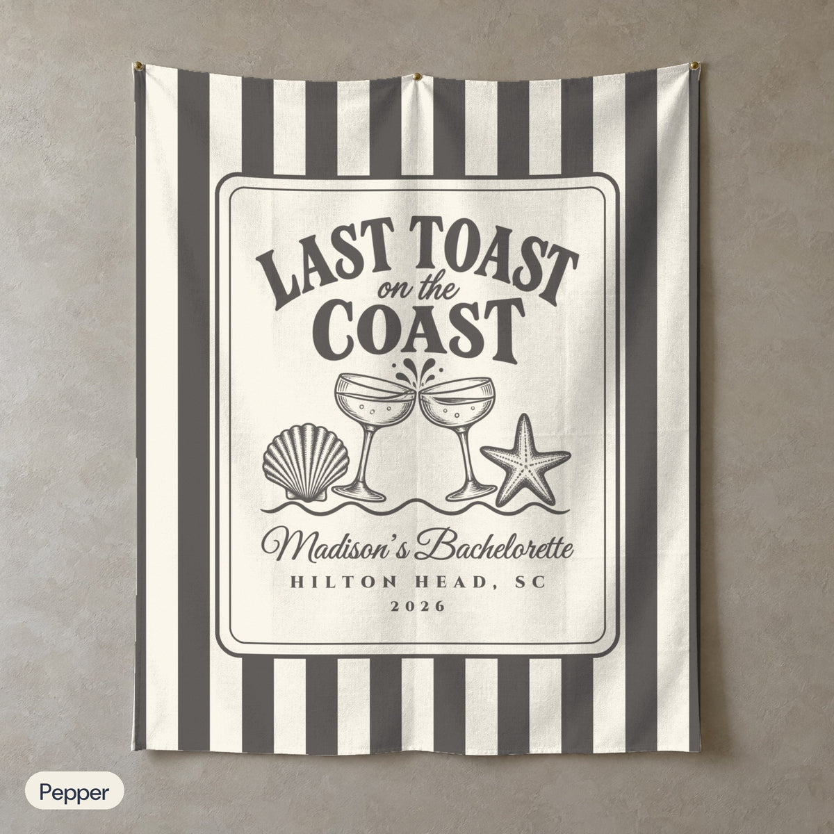Last Toast On The Coast personalized wall tapestry, Pepper stripes, portrait
