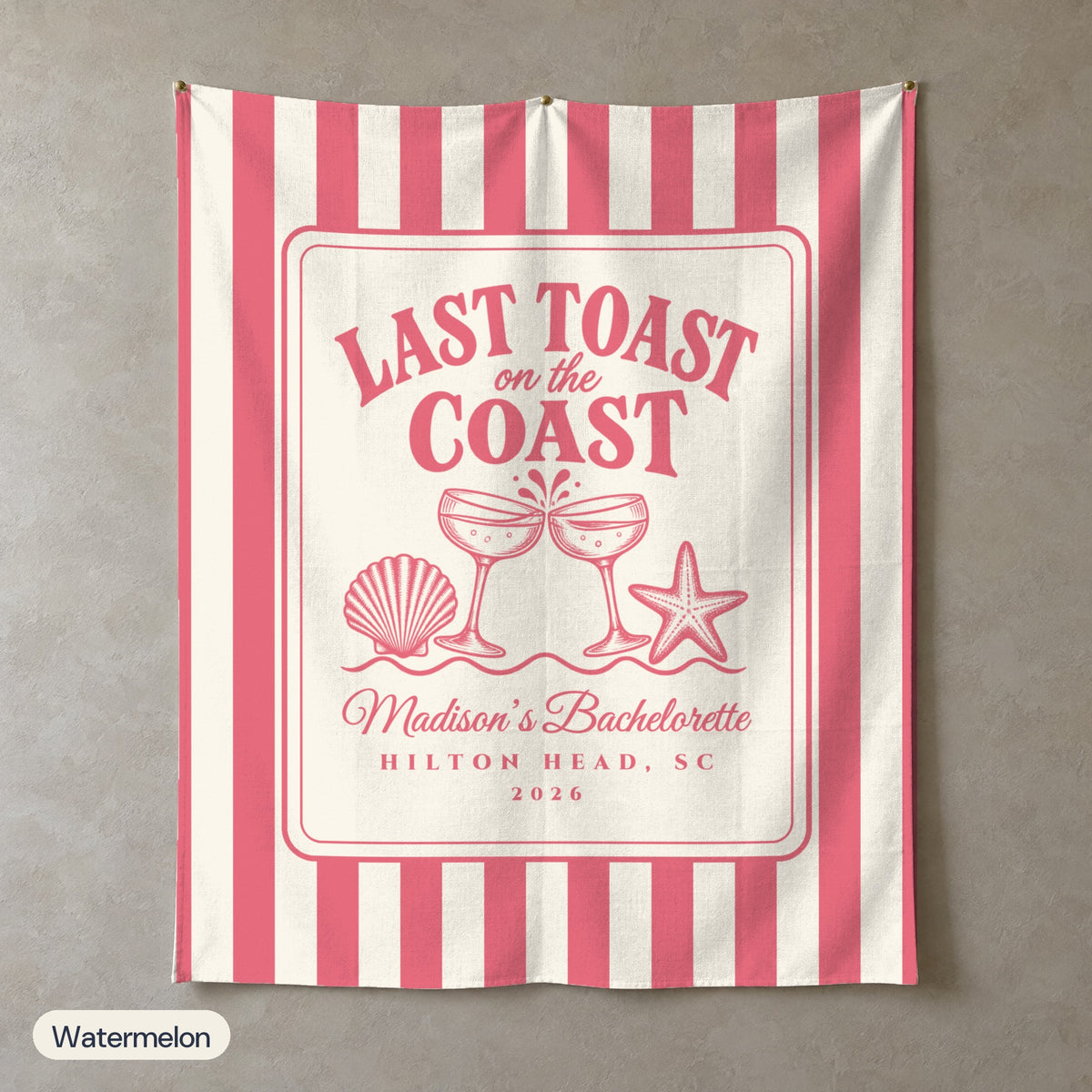 Last Toast On The Coast personalized wall tapestry, Watermelon stripes, portrait