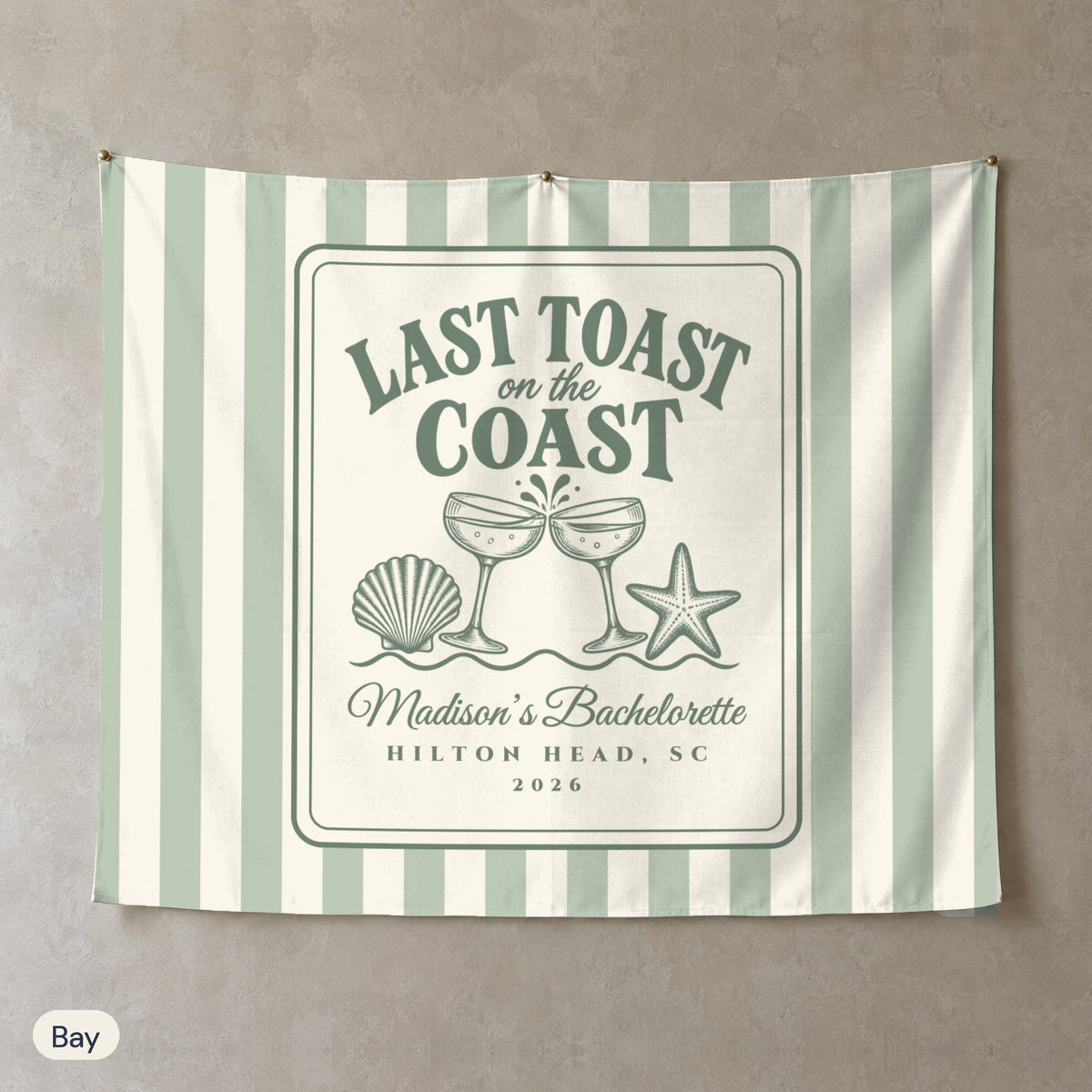 Last Toast On The Coast personalized wall tapestry, Bay stripes, landscape