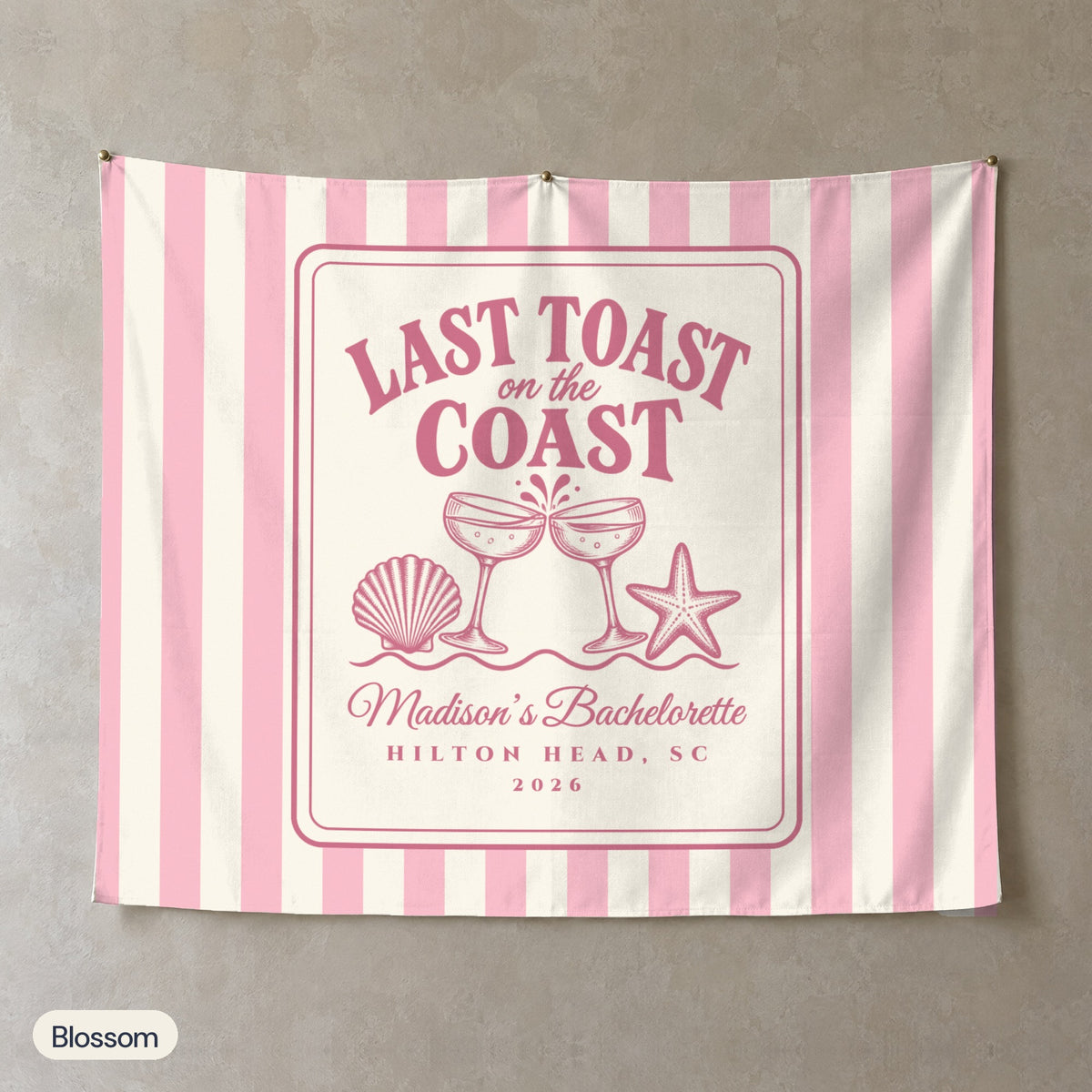 Last Toast On The Coast personalized wall tapestry, Blossom stripes, landscape