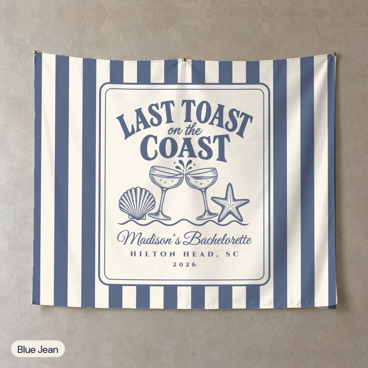 Last Toast On The Coast personalized wall tapestry, Blue Jean stripes, landscape