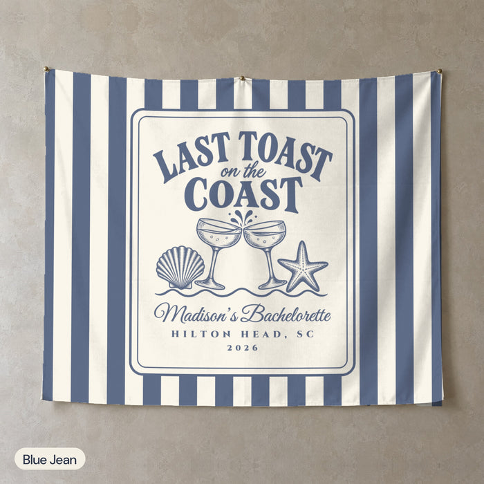 Last Toast On The Coast personalized wall tapestry, Blue Jean stripes, landscape